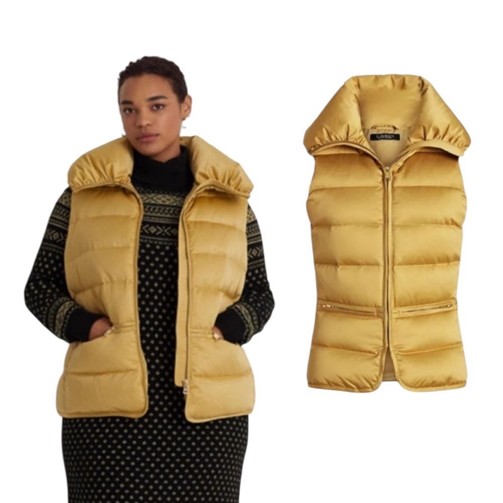 Lauren Ralph Lauren Satin Quilted Down Vest in gold Large NWT